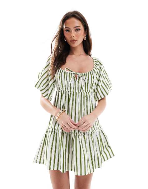 Wednesday's Girl - Vestito grembiule corto verde e bianco e righe - view 1
