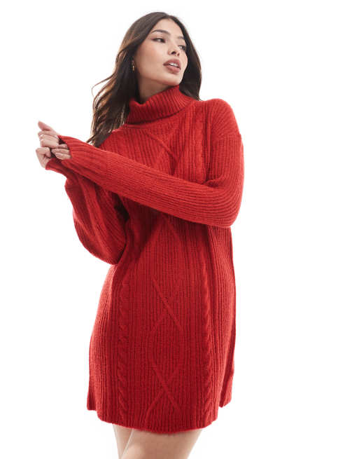 Wednesday's Girl - Vestito in maglia a trecce rosso con collo a imbuto