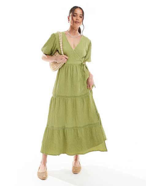 Wednesday's Girl - Vestito midi a portafoglio color kaki testurizzato con maniche a sbuffo - view 1