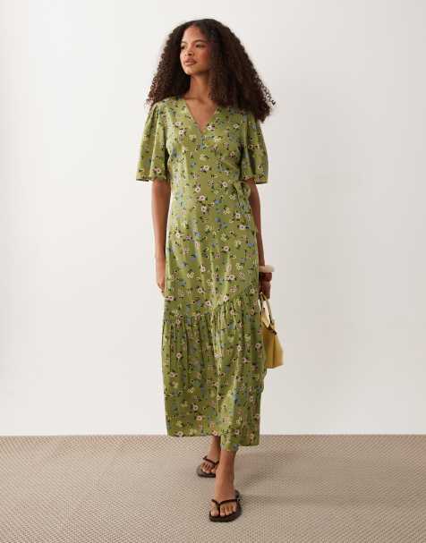 Wednesday's Girl - Vestito midi a portafoglio con maniche a sbuffo verde a fiori - view 1