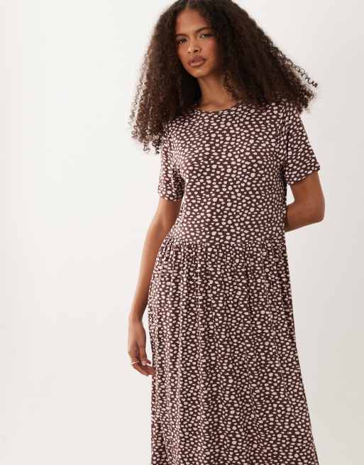 Wednesday's Girl - Vestito midi marrone e rosa a pois con macchie , 4 di 4