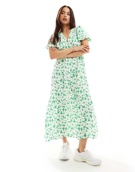 Wednesday's Girl - Vestito midi stile grembiule con scollo a V verde e bianco a fiori
