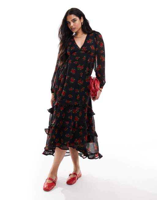 Wednesday's Girl - Vestito rosso multicolore a balze svolazzante con stampa di rose e gonna al polpaccio