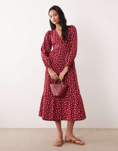 Wednesday's Girl – Vinröd, blommig midaxiklänning med långa ärmar och omlottdesign - view 1