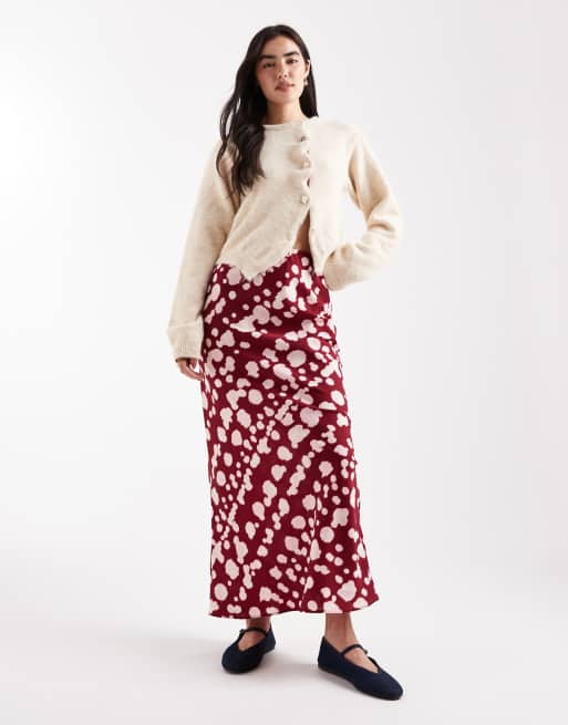 Wednesday's Girl – Vinröd och rosa, fläckmönstrad, diagonalskuren midaxikjol