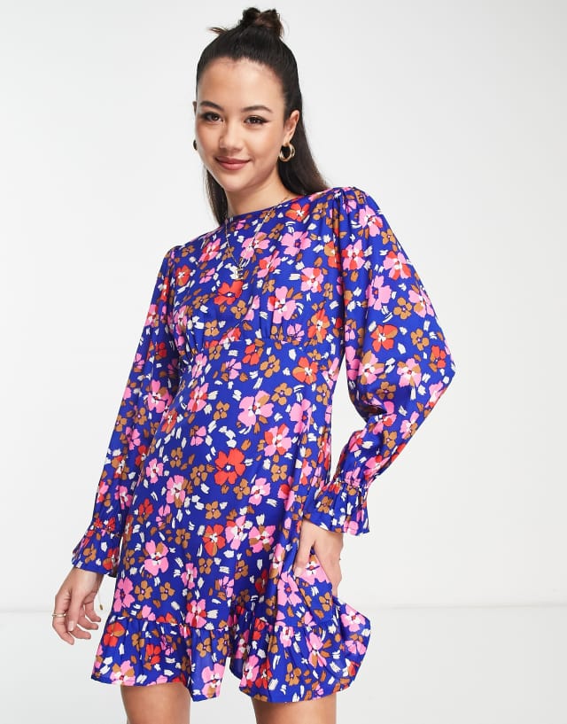 Wednesday's Girl vintage floral print empire line mini dress in blue multi