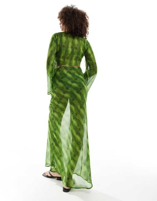 Wednesday's Girl warp print midaxi beach skirt in green | ASOS
