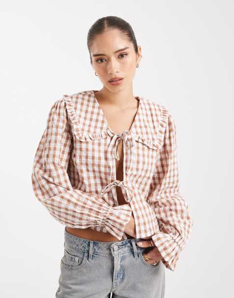 Wednesday's Girl tie detail gingham blouse in rust