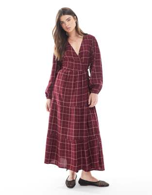 Wednesday's Girl - Wickel-Midaxikleid in Burgunderrot mit Gitterkaro