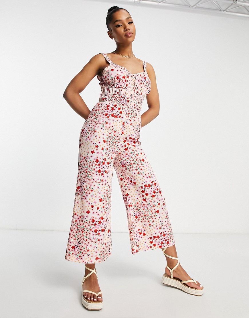 Wednesday's Girl Wide Leg Cami Jumpsuit In Pink Ditsy Floral-multi