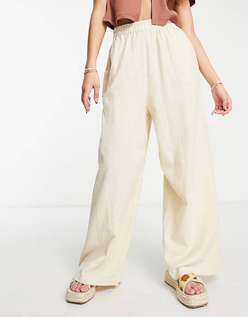 Wednesday's Girl wide leg linen style relaxed pants in stone | ASOS