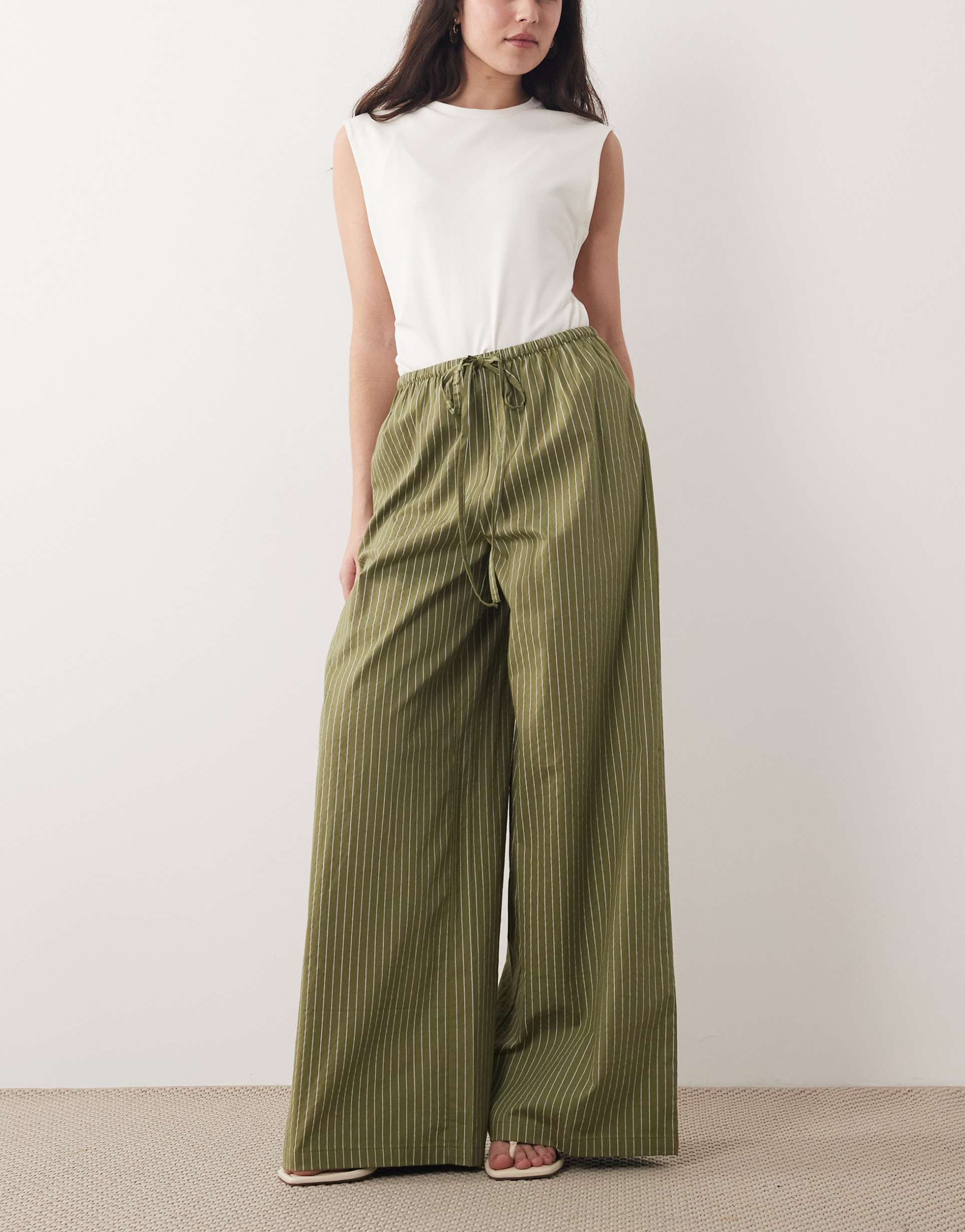 wednesday's girl wide leg pinstripe pants in khaki