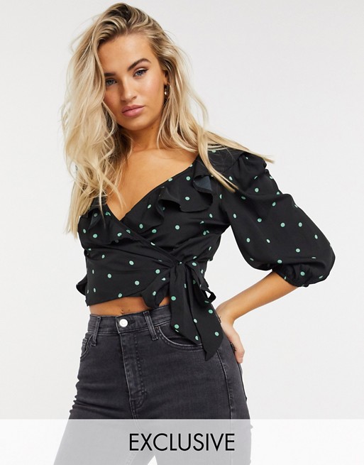 Wednesday's Girl wrap blouse with frill collar in scattered spot co-ord