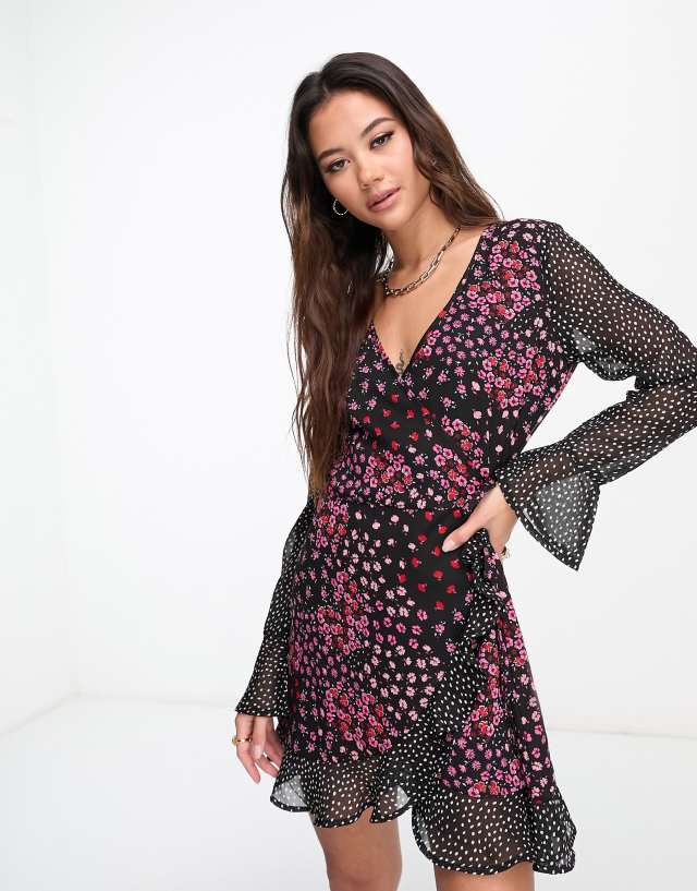 Wednesday's Girl wrap front mini tea dress in mix print