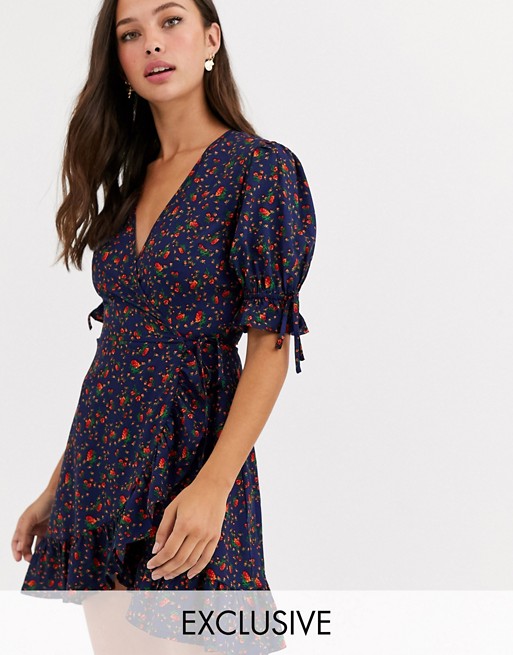 Wednesday's Girl wrap mini dress with tie sleeves in ditsy floral