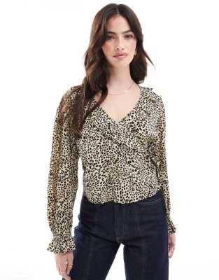 wrap ruffle blouse in leopard print-Gold