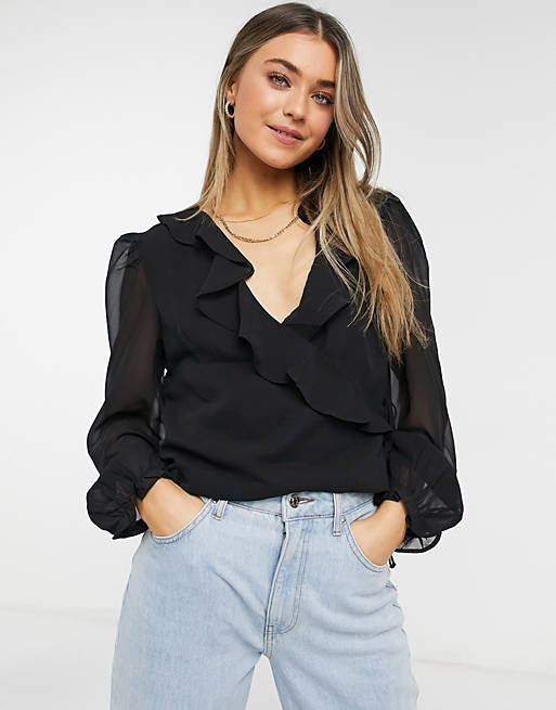 Wednesday's Girl wrap top with sheer balloon sleeves