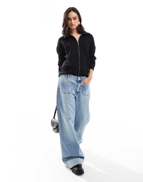 Wednesday's Girl cable knit zip through cardigan in black