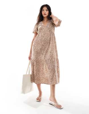 Wednesday's Girl Wednesday's Girl zebra print midaxi smock dress in tan-Brown