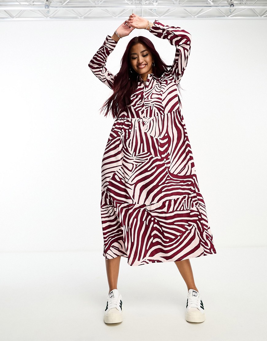 Wednesday's Girl zebra print tiered shirt dress in plum