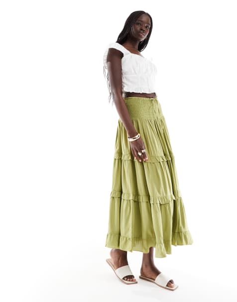 Wednesday's Girl tiered ruffle midaxi boho skirt in green