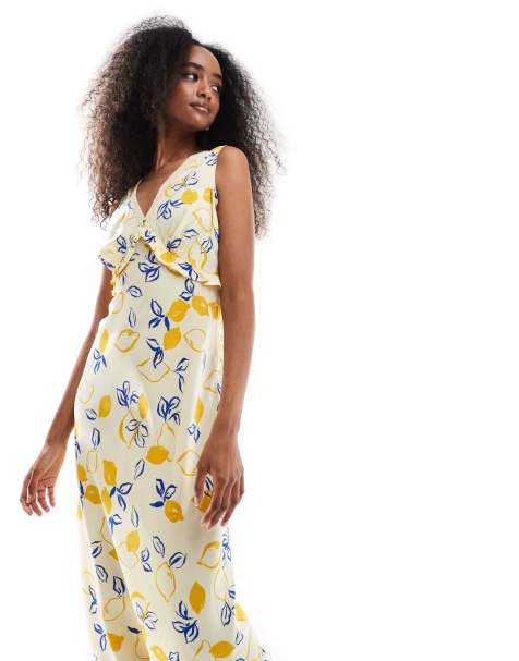 Wednesday's Girl – Żółta sukienka midaxi we wzór w cytryny z głębokim dekoltem - view 1