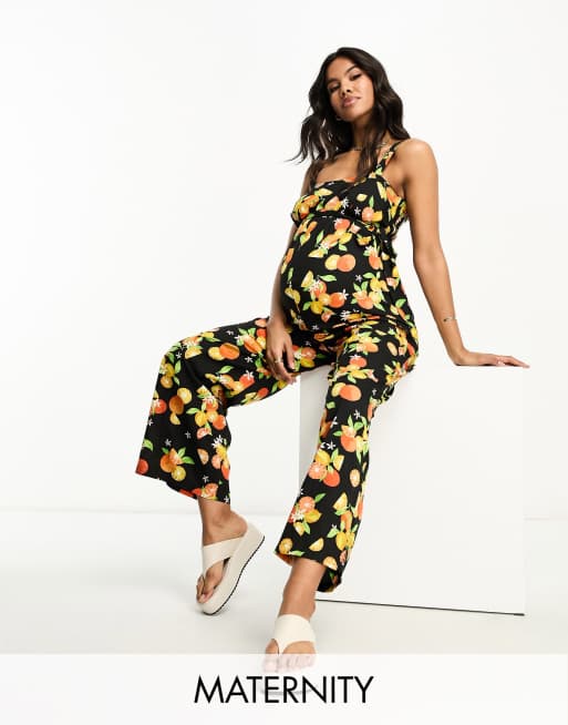 Echt Trots Panter Wednesday's Girl - Zwangerschapskleding - Jumpsuit met fruitprint en wijde  pijpen in zwart | ASOS