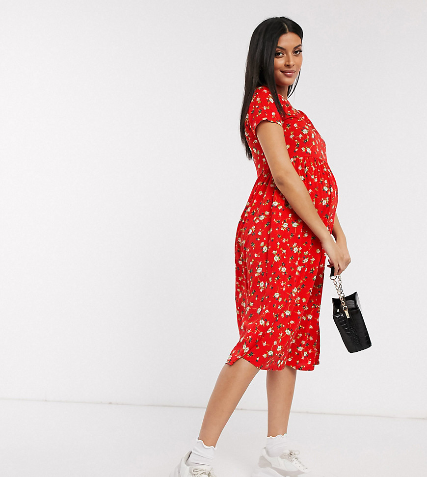 Wednesday's Girl - Zwangerschapskleding - Midi-aangerimpelde jurk met fijne bloemenprint-Rood