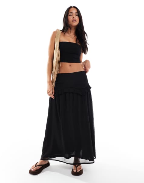 Wednesday's Girl floaty ruffle detail midaxi skirt in black