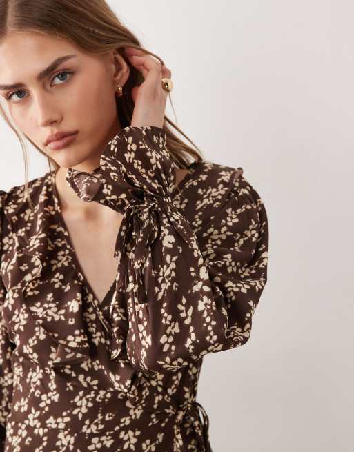 Wednesdays Girly floaty wrap mini dress in brown floral , 2 of 4