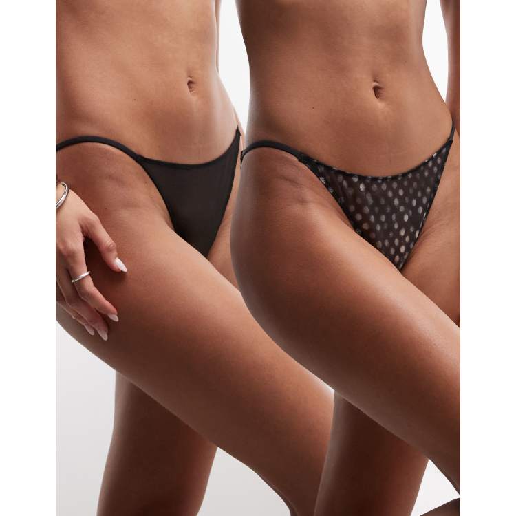 Weekday 2-pack mesh tanga briefs with in black & messy polka dot