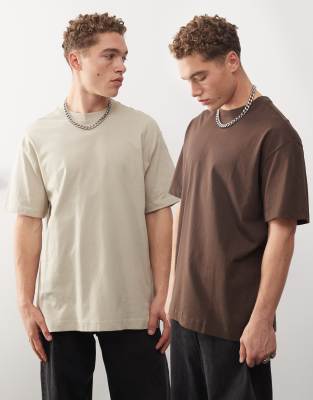 2-pack oversized T-shirts in beige and brown-Neutral