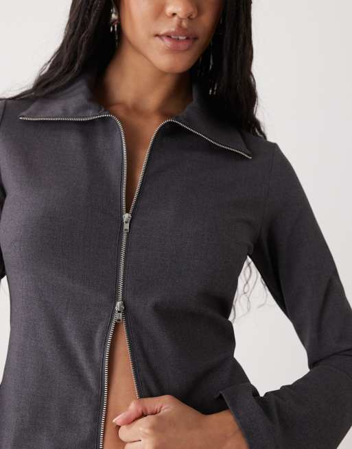 Weekday 2-way zip shirt in grey melange, 4 of 4