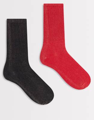Weekday - 2er-Pack gerippte Crew-Socken in verwaschenem Rot und Schwarz
