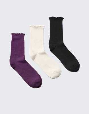 Weekday - 3er-Pack Sportsocken in Lila und Grau mit Rüschen
