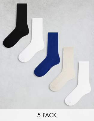 5-pack ribbed socks in black white beige and blue