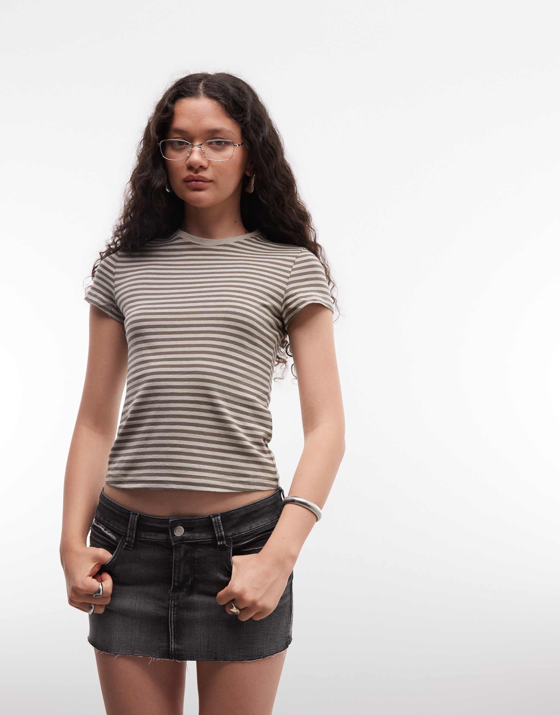 weekday 90s baby tee in beige and mole stripes