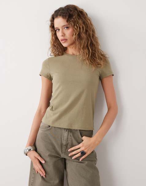 Weekday 90s baby tee in olive green exclusive to ASOS - view 1