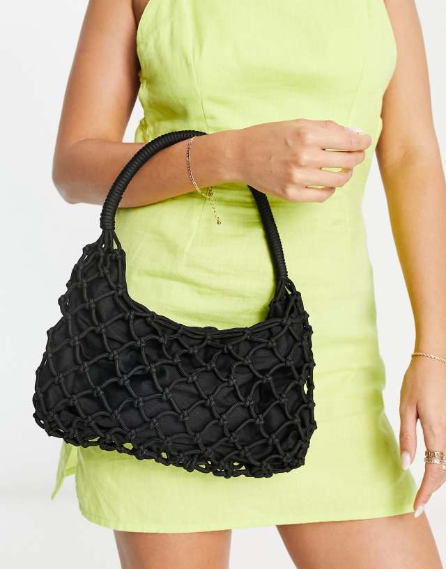 Weekday 90's polyester crochet shoulder bag in black - BLACK