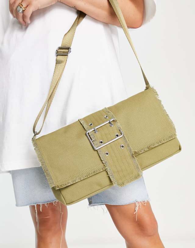 Weekday 90s raw edge buckle detail shoulder bag in khaki