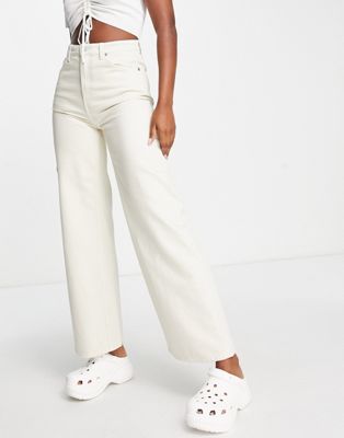Weekday Ace cotton high waist wide leg jeans in tinted ecru  - ASOS Price Checker