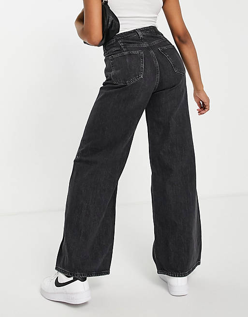Weekday Ace Cotton Wide Leg Jeans in Black Womens Clothing Jeans Wide-leg jeans 