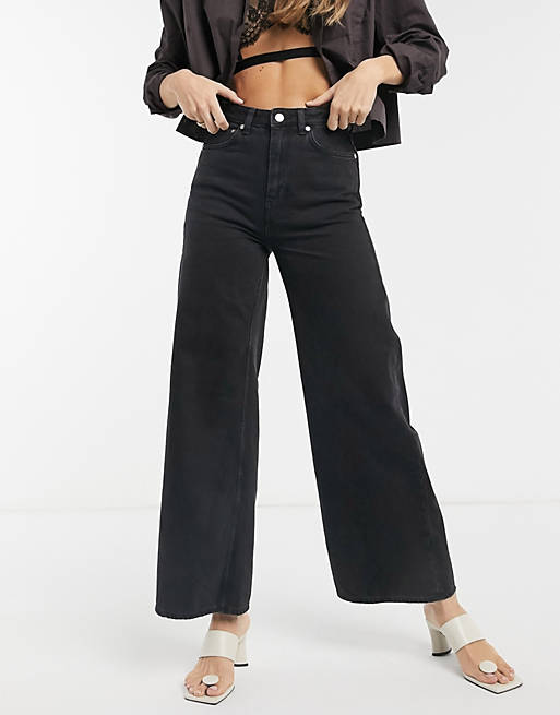 Women Weekday Ace organic cotton wide leg jeans in almost black 