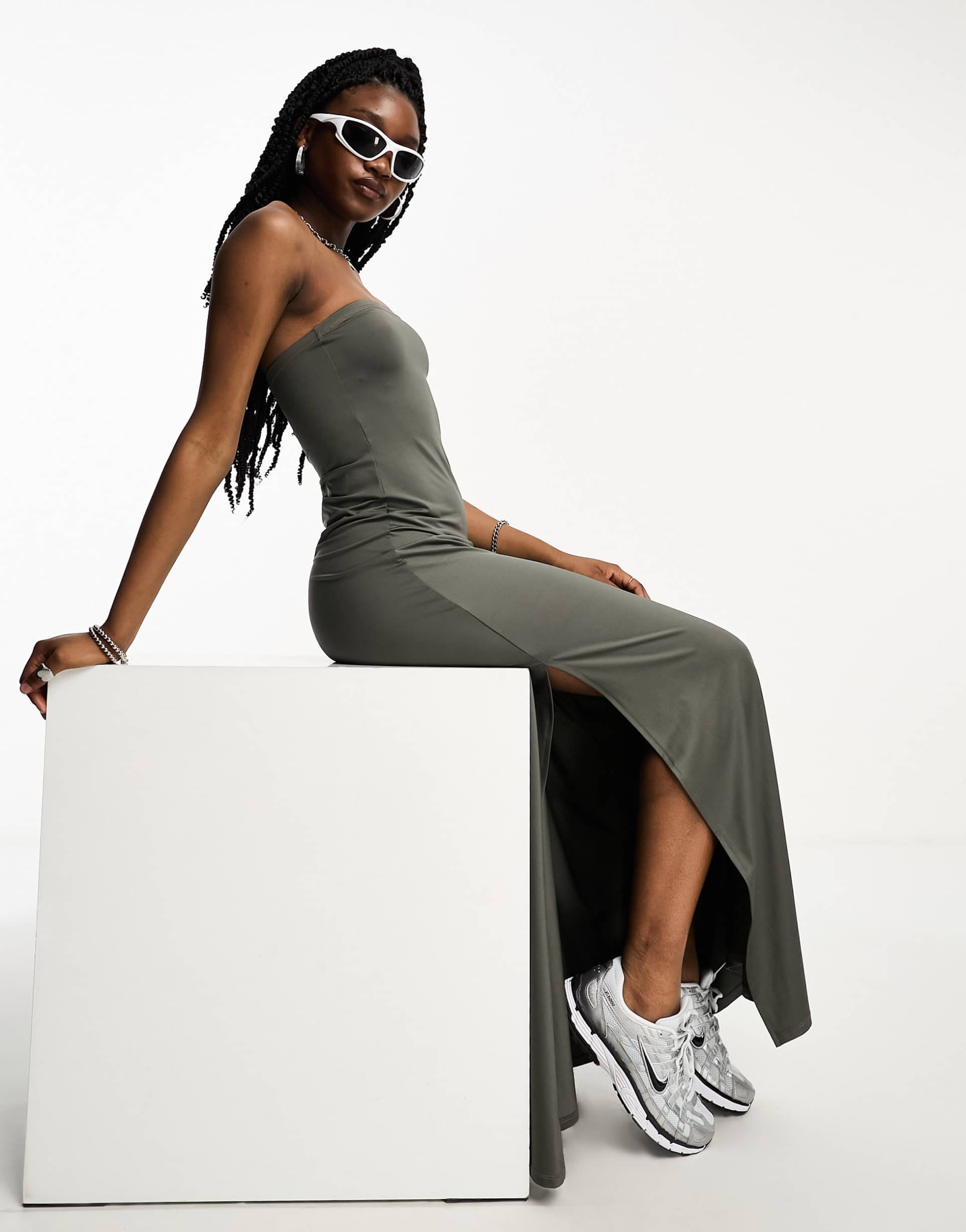 weekday act maxi tube dress in gray green