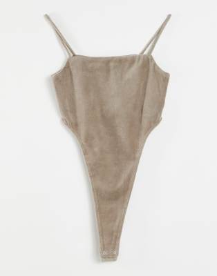 Addena cotton velour bodysuit in beige-Neutral