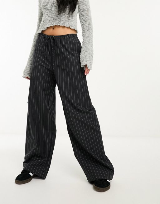 Weekday Adisa wide leg cargo trousers in off-black pinstripe | ASOS