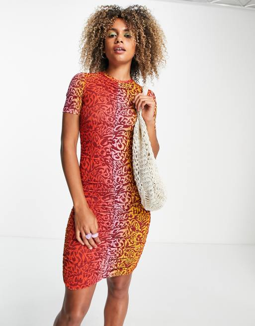 Weekday Agnes mesh dress with ruched detail in gradient print in orange