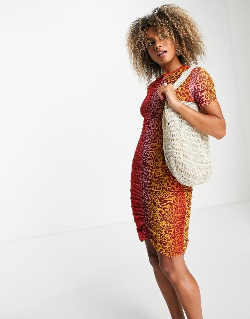 weekday orange dress Weekday Agnes mesh dress with ruched detail in gradient print in orange