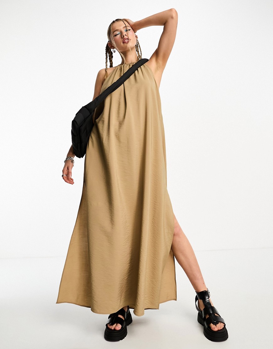 Weekday Aki Drape Maxi Dress In Beige-neutral
