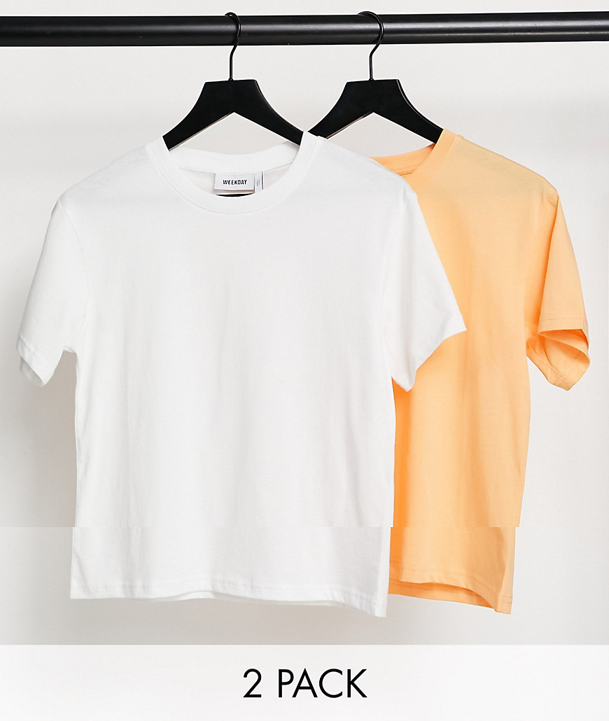 Weekday Alanis organic cotton 2 pack t-shirt in white and orange-Multi